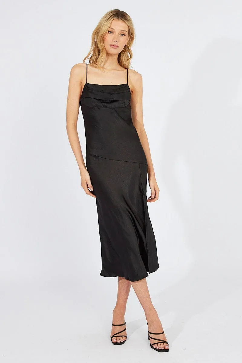 Black Satin Dress Cocktail Split Side Strappy Cool Shade