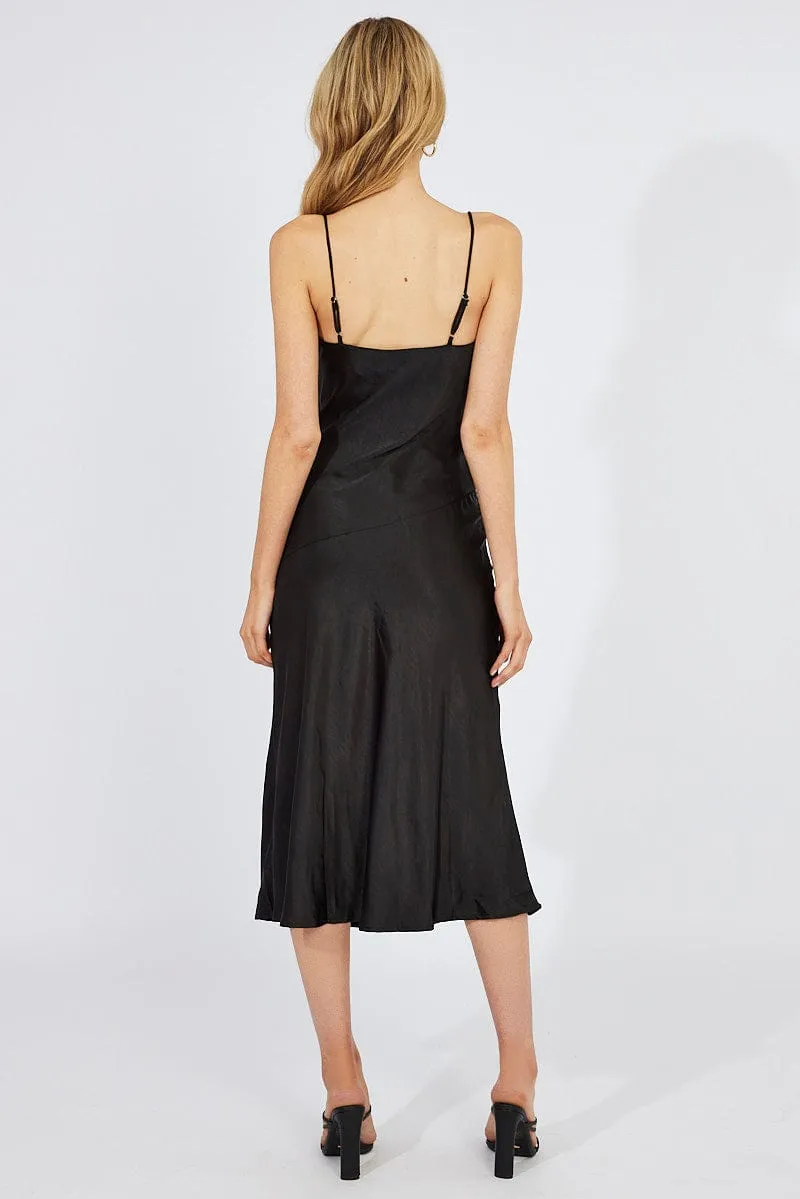 Easy Style Elegant and timeless look Black Satin Dress Cocktail Split Side Strappy