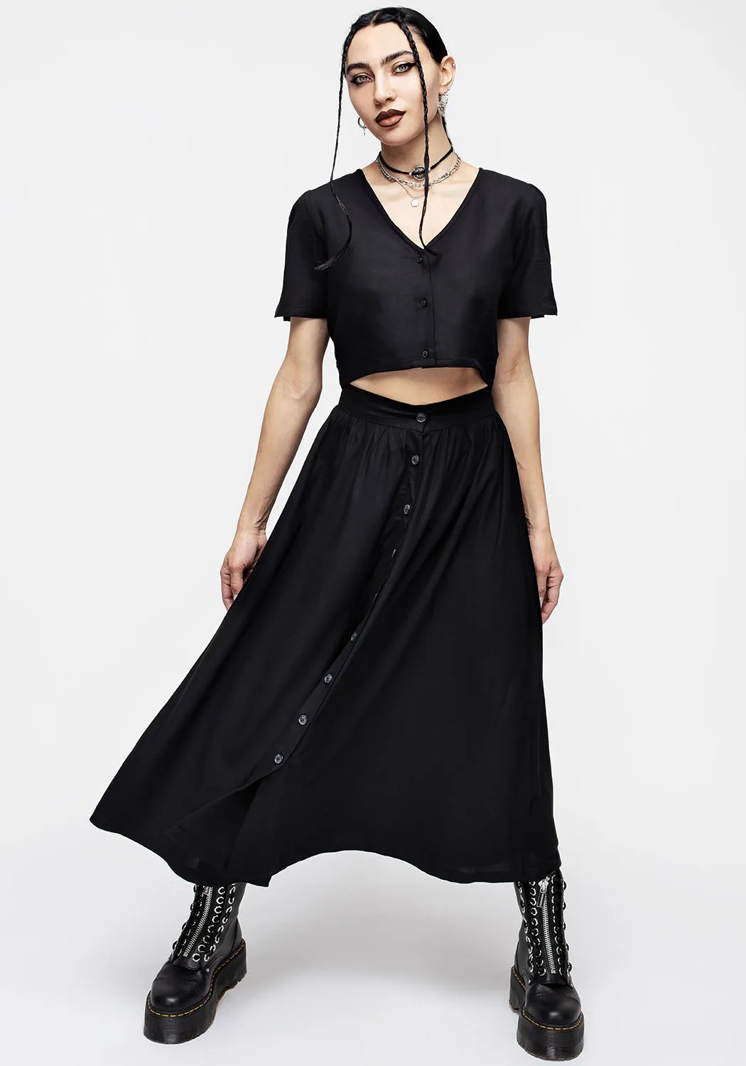 Maidenhair Button Down Midi Skirt - Midnight Black Seasonal Must Have Travel Ready