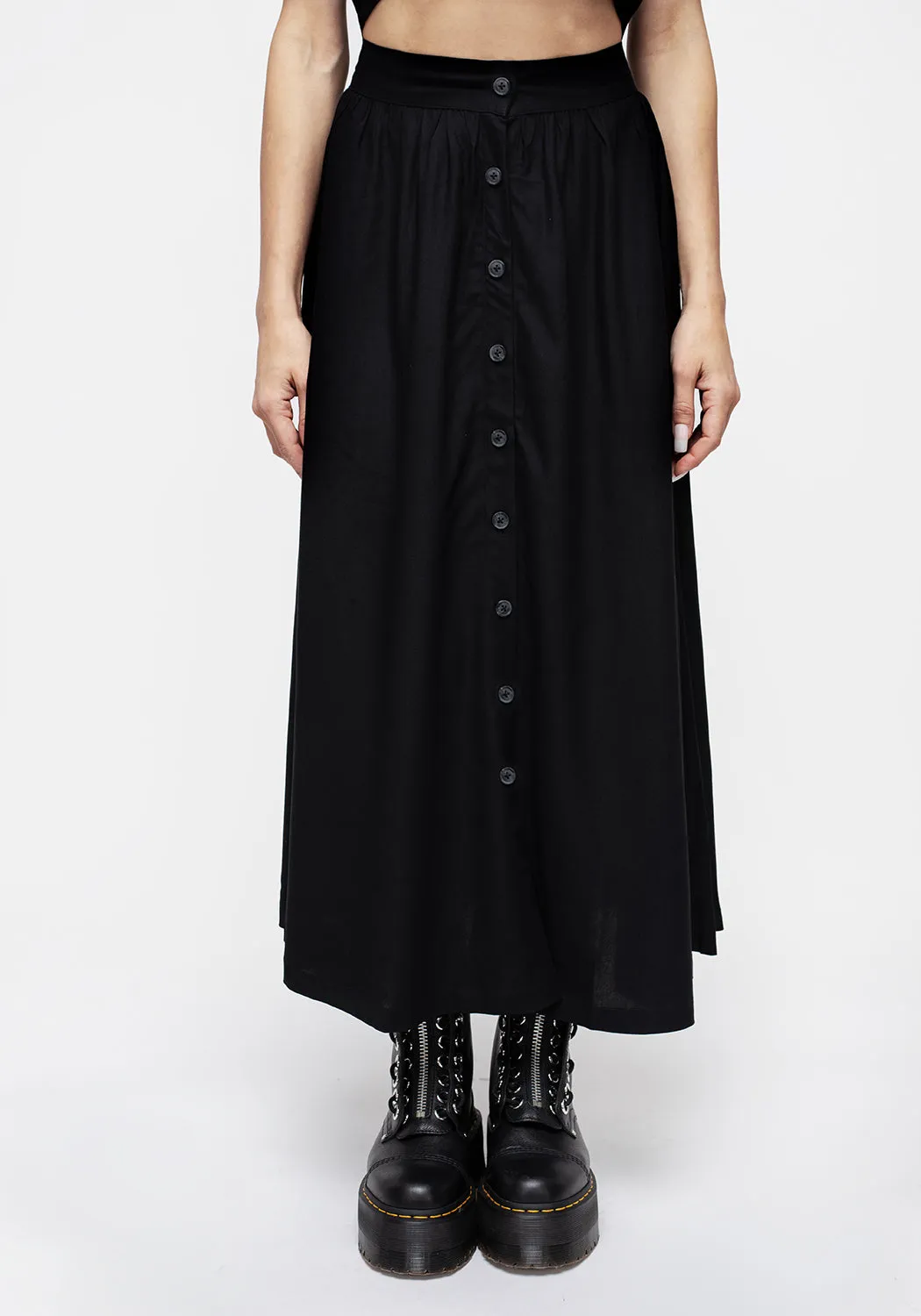 Maidenhair Button Down Midi Skirt - Midnight Black Relaxed Mood