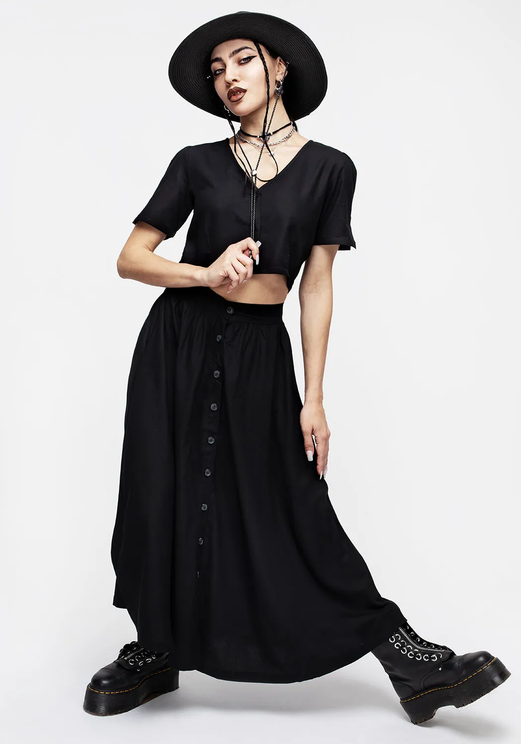 Subtle Mood Heritage Craft Maidenhair Button Down Midi Skirt - Midnight Black