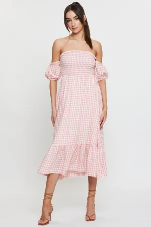 Elegant Appearance Chic and Simple Check Midi Dress Off Shoulder Short Sleeve