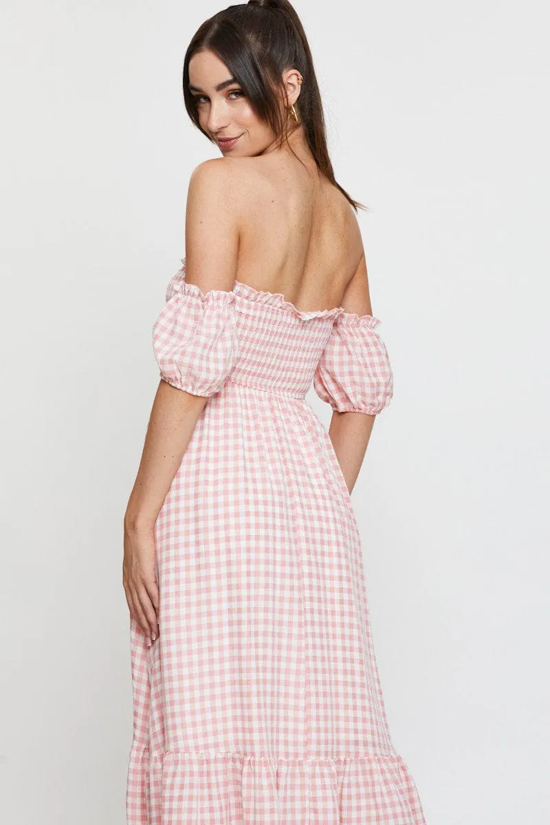 Check Midi Dress Off Shoulder Short Sleeve Flattering Outfit