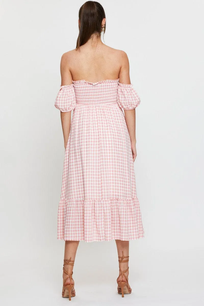 Ocean Breeze Check Midi Dress Off Shoulder Short Sleeve