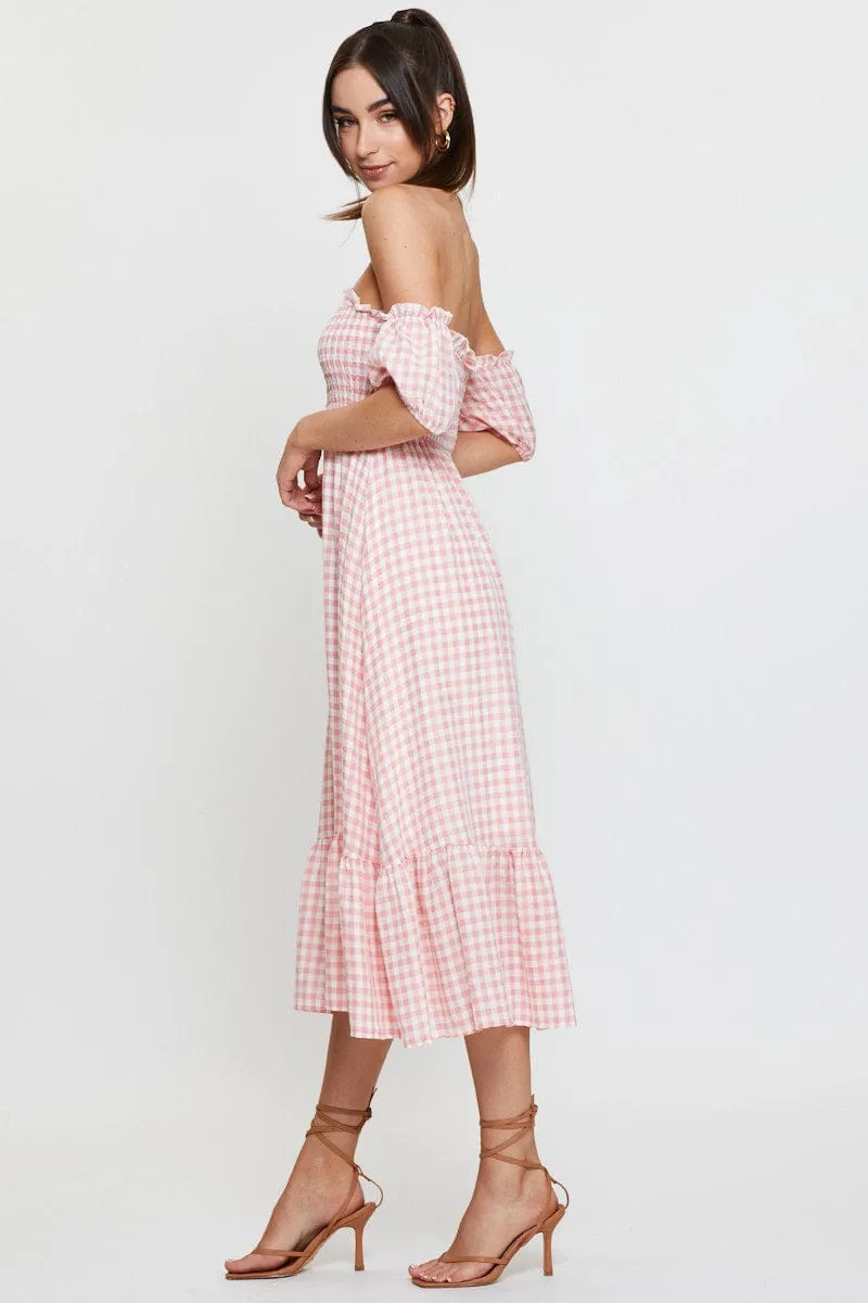 Sun shield Casual Style Check Midi Dress Off Shoulder Short Sleeve