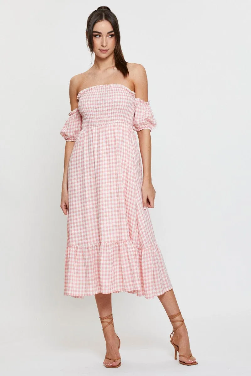 Check Midi Dress Off Shoulder Short Sleeve Trendy casual event dress Winter Snow