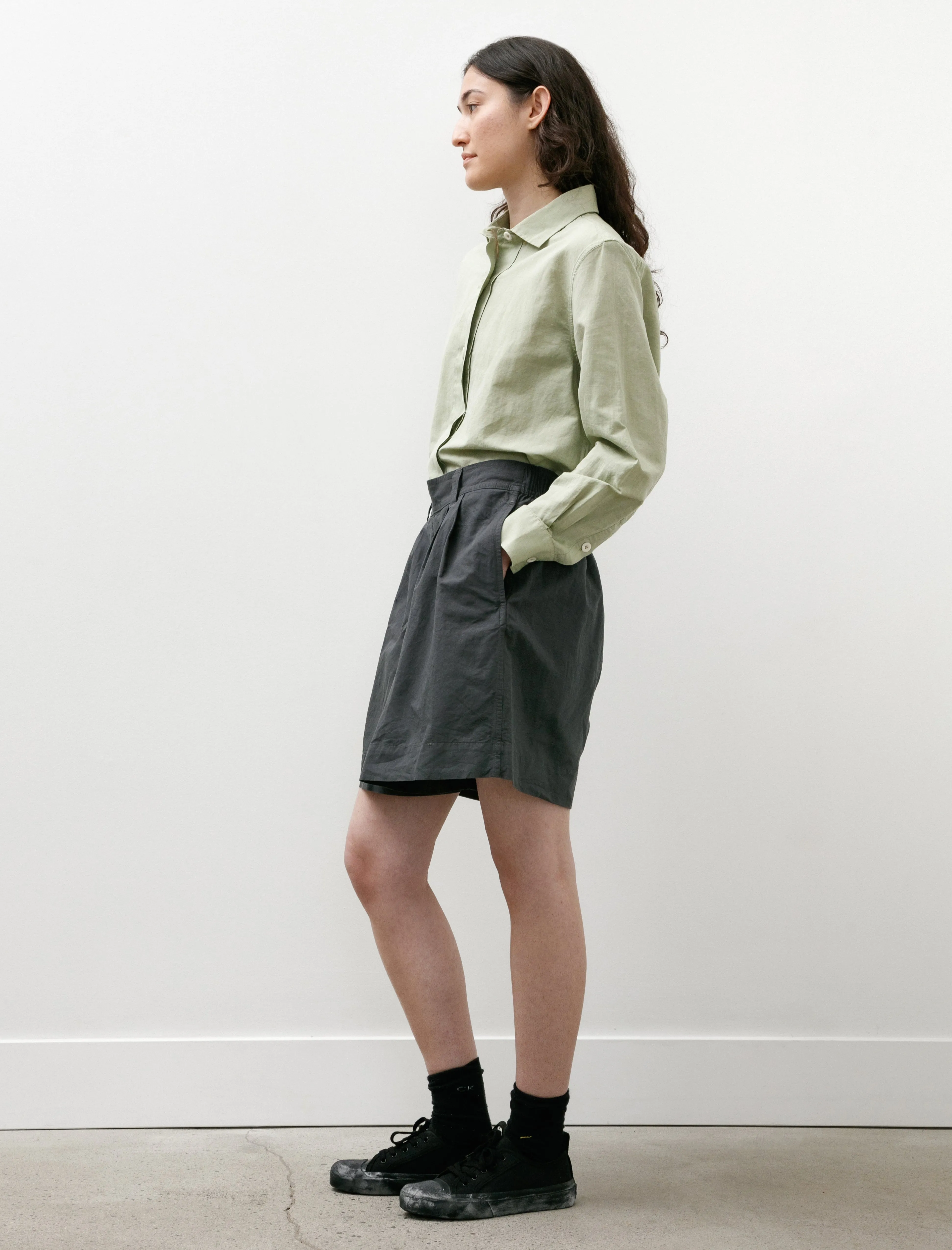MHL Pleated Shorts Dry Cotton Linen Carbon Low Profile Waistband Sweat Wicking Technology