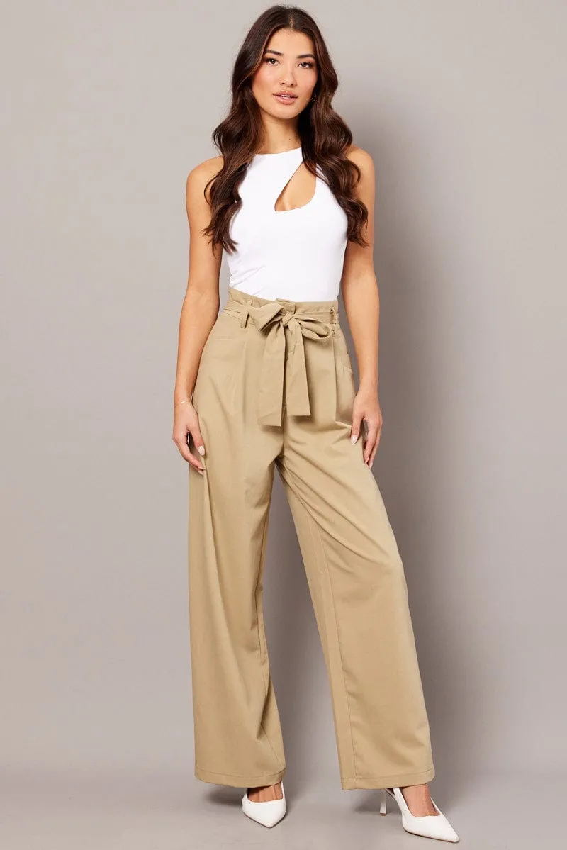Trendy Appeal Beige Wide Leg Pants Waist Tie