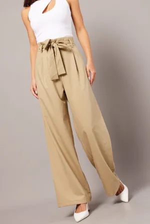 Beige Wide Leg Pants Waist Tie Ventilated Mesh Lining Sleek and Soft