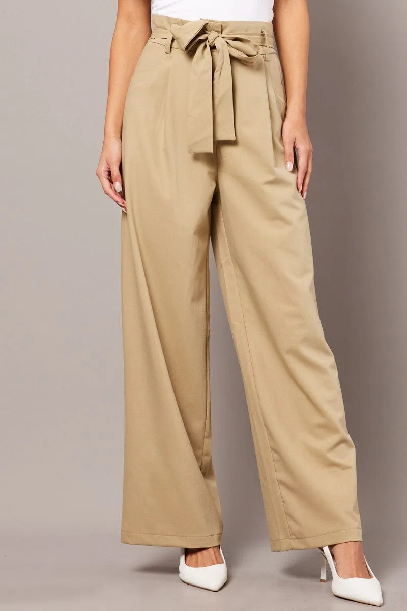 Beige Wide Leg Pants Waist Tie Back pockets AntiPillingFabric