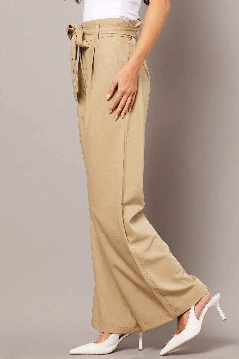 Beige Wide Leg Pants Waist Tie Modern Waist NonRestrictiveCut