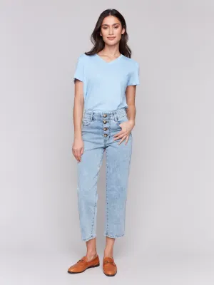 Front Button-Fly Straight Crop Jeans - Light Blue Street Fashion