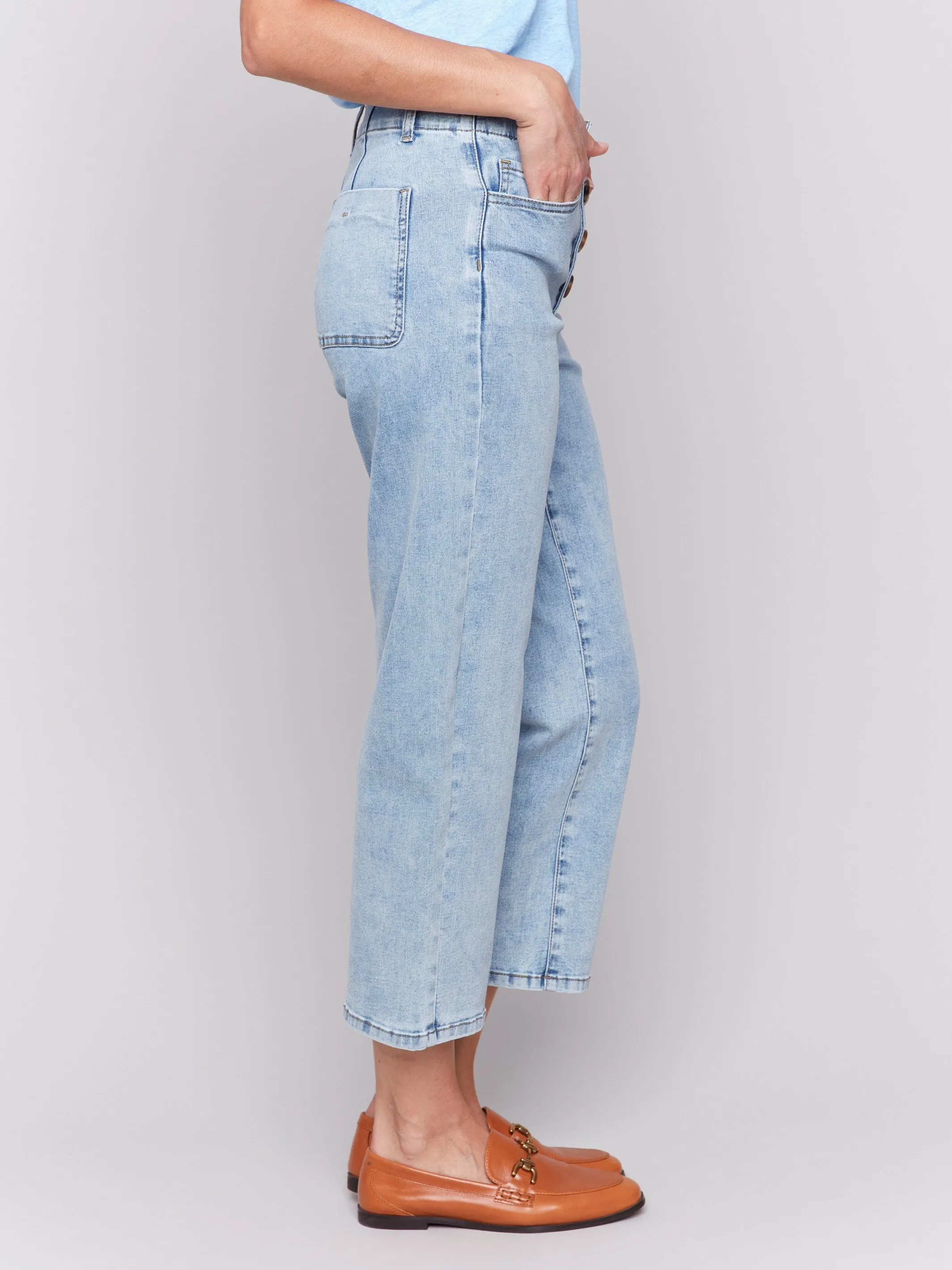 Front Button-Fly Straight Crop Jeans - Light Blue Neutral Choice