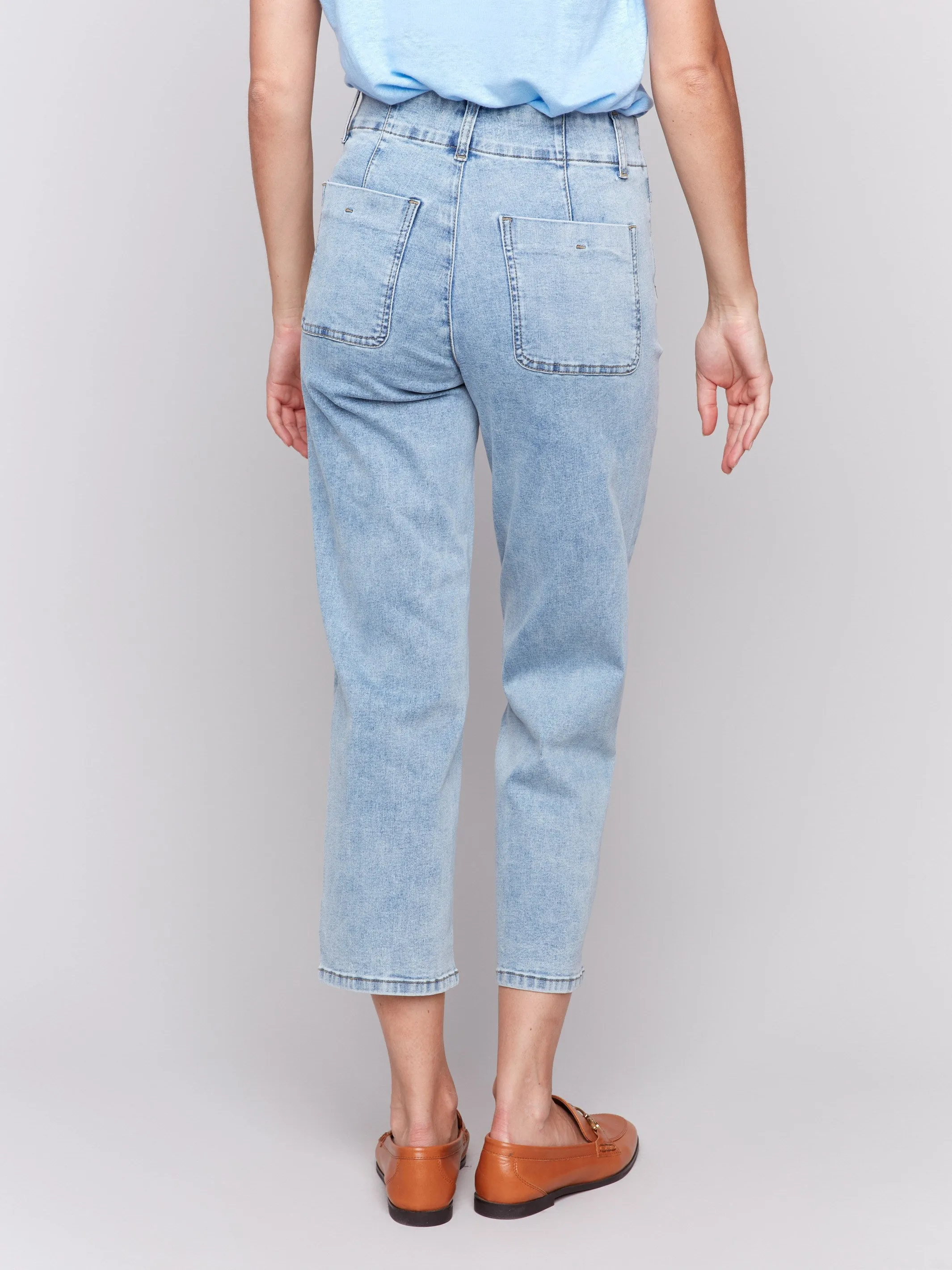 Front Button-Fly Straight Crop Jeans - Light Blue Smart Wardrobe Anti Static Material Blend