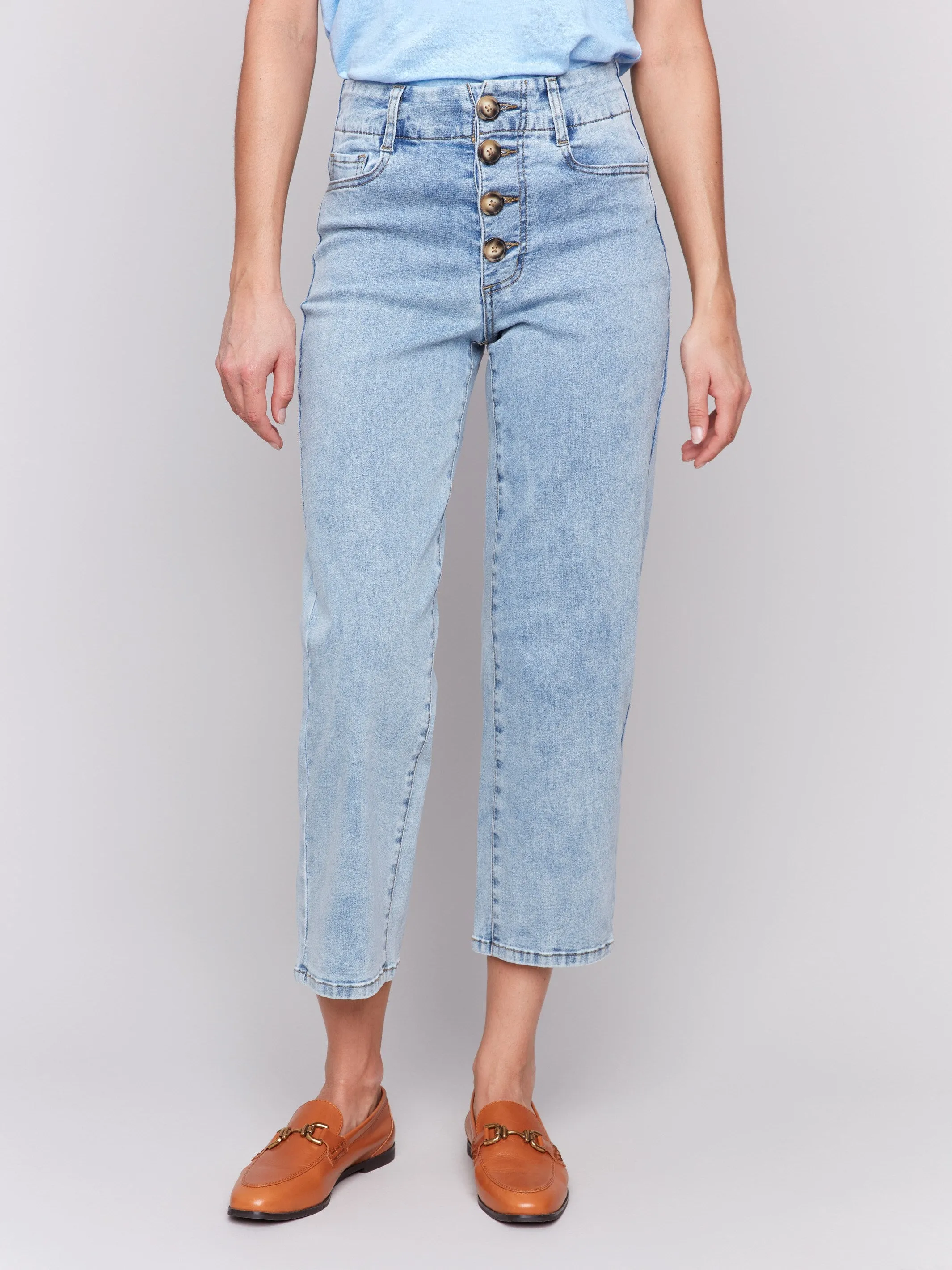 City Approved Chill Outfit Front Button-Fly Straight Crop Jeans - Light Blue