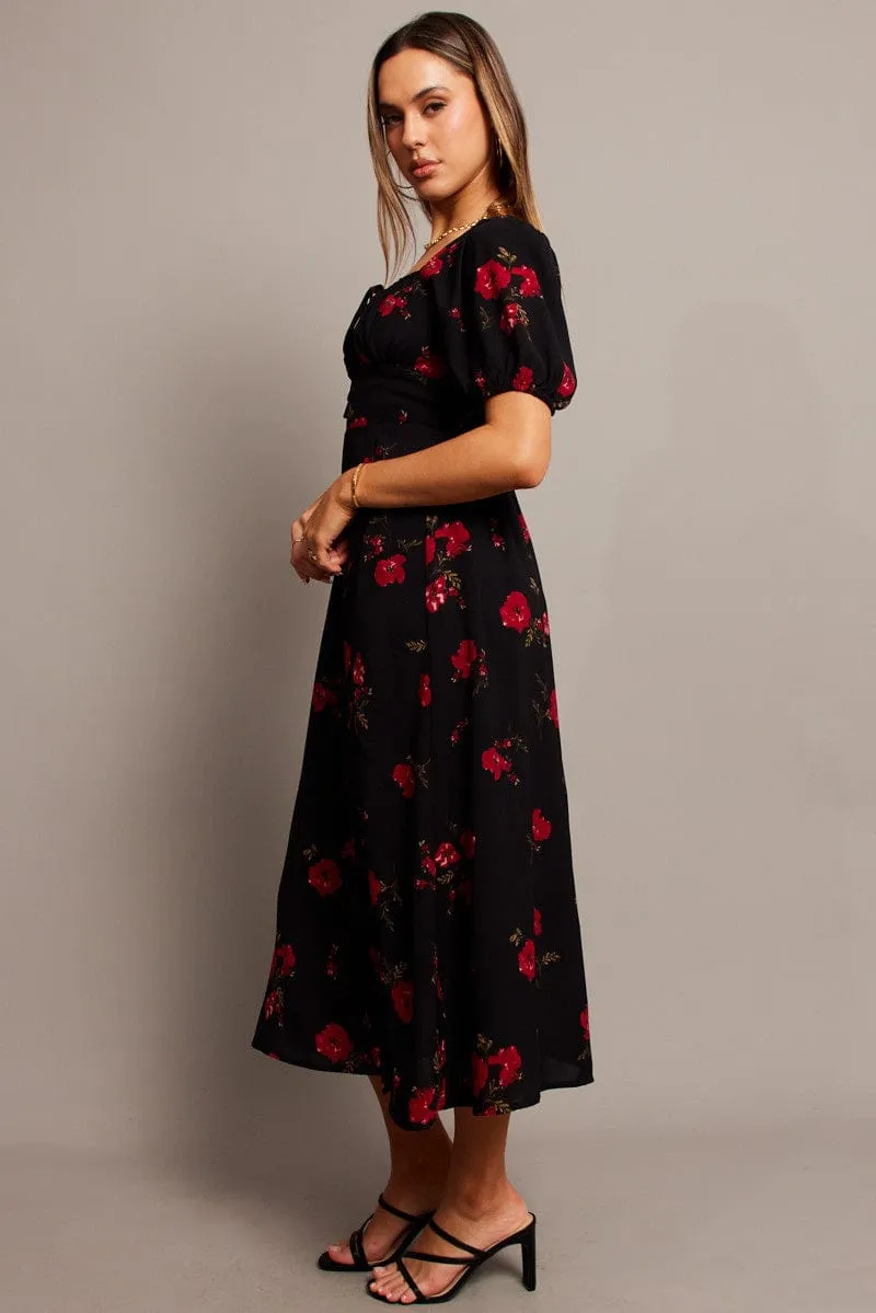 Sea Scent Seasonal Wear Black Floral Midi Dress Puff Sleeve Midi