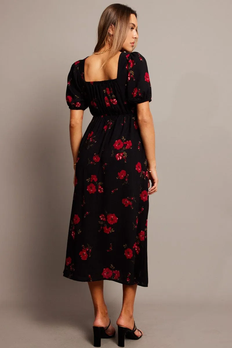 Classic event dress Black Floral Midi Dress Puff Sleeve Midi