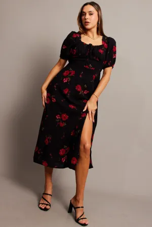 Black Floral Midi Dress Puff Sleeve Midi Chic Layers Bold pattern mid-calf dress
