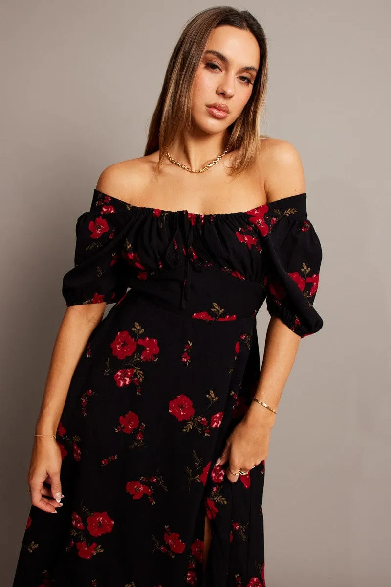Bohemian-inspired midi Perfect Shape Black Floral Midi Dress Puff Sleeve Midi