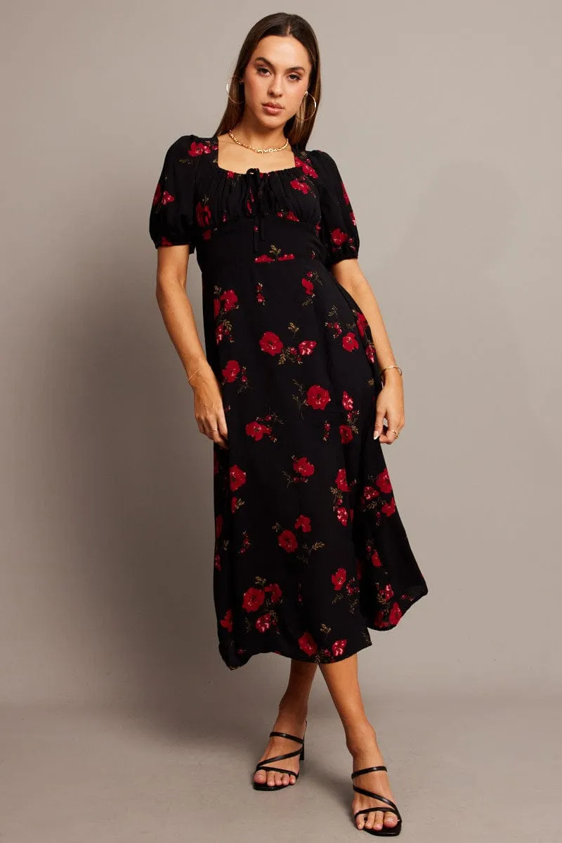 Black Floral Midi Dress Puff Sleeve Midi Soft and breathable dress american casual