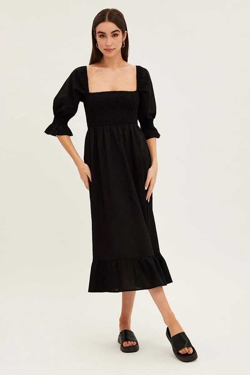 Opal Glow Easy Fashion Black Puff Sleeve Shirred Tiered Midi Dress