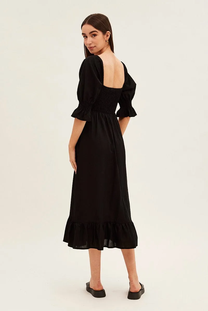 Black Puff Sleeve Shirred Tiered Midi Dress Comfy Smart Sun Beam