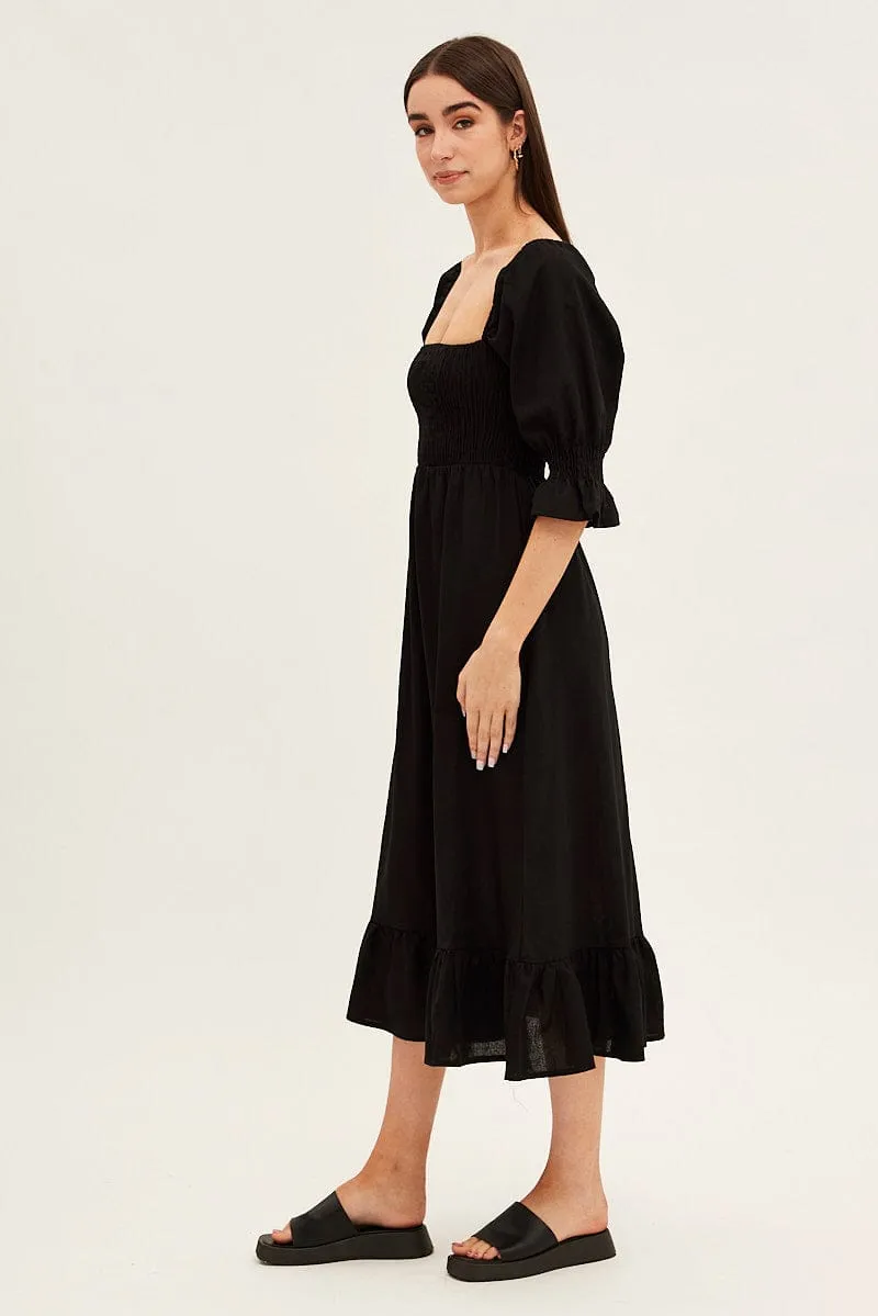 Black Puff Sleeve Shirred Tiered Midi Dress Modern Wardrobe