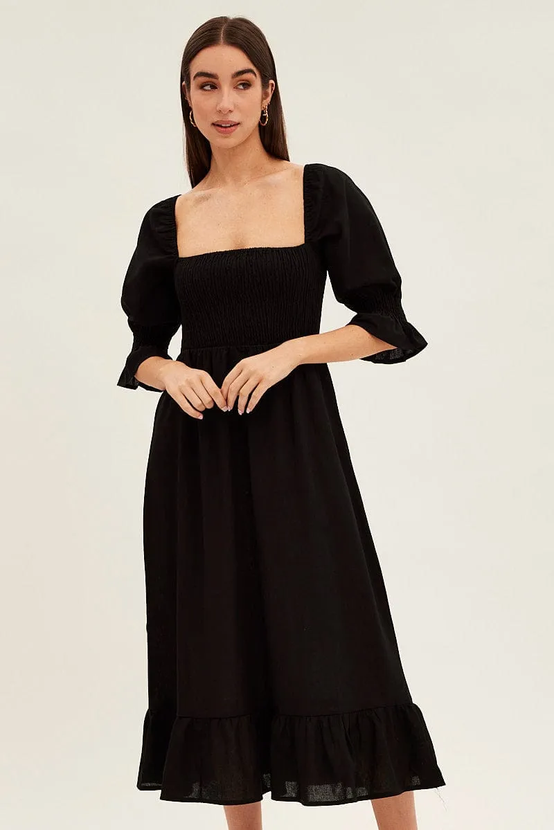 Bohemian-inspired midi Black Puff Sleeve Shirred Tiered Midi Dress