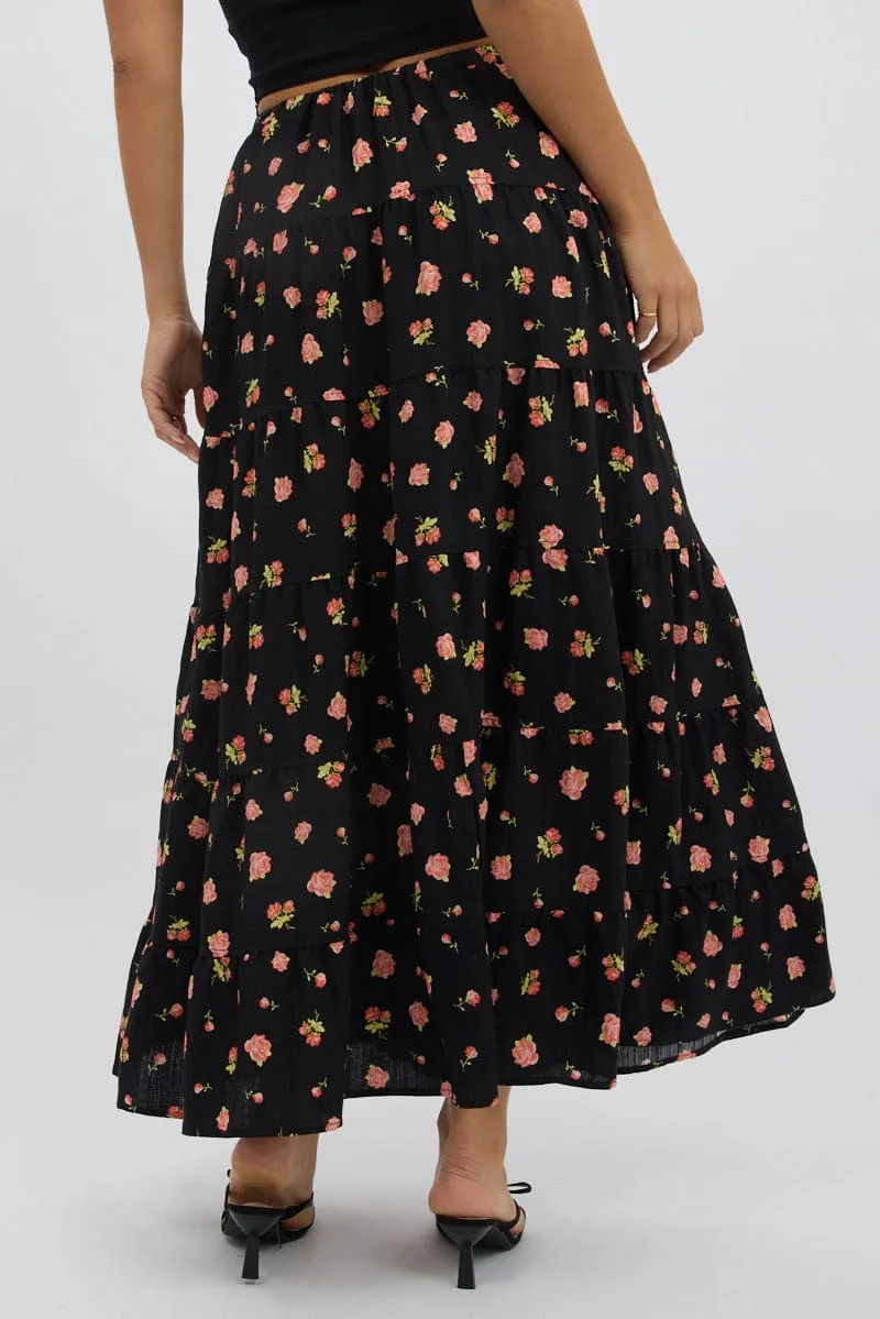 Black Ditsy Maxi Skirt Tiered High Rise Casual Wear
