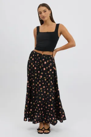 Black Ditsy Maxi Skirt Tiered High Rise Neat Style