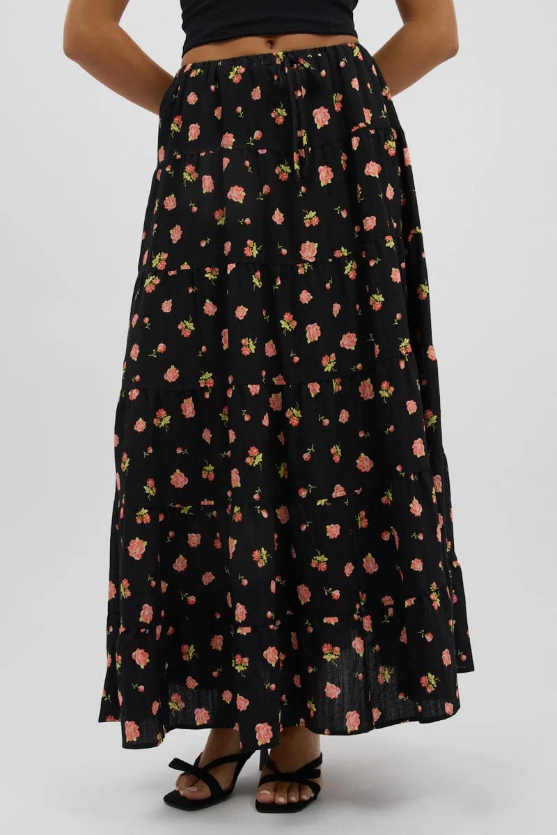 Glamorous Appeal Black Ditsy Maxi Skirt Tiered High Rise