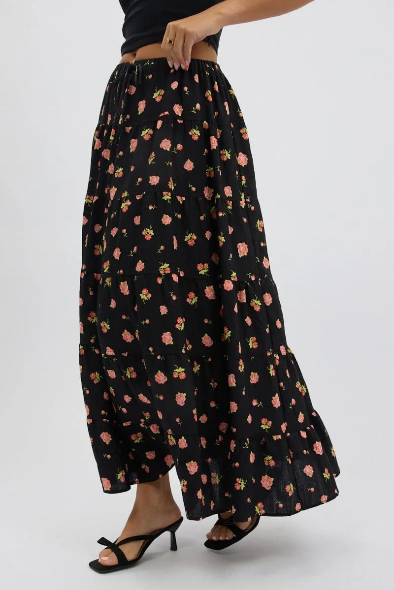 Sporty Casual Black Ditsy Maxi Skirt Tiered High Rise