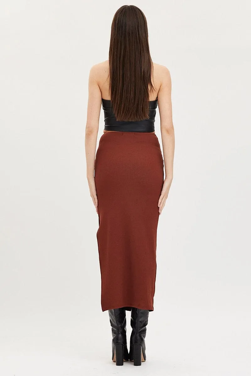 Water Repellent Finish Weekend Fashion Brown Maxi Skirt High Rise Ring Detial Rib Jersey