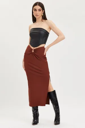 Brown Maxi Skirt High Rise Ring Detial Rib Jersey Casual Wear