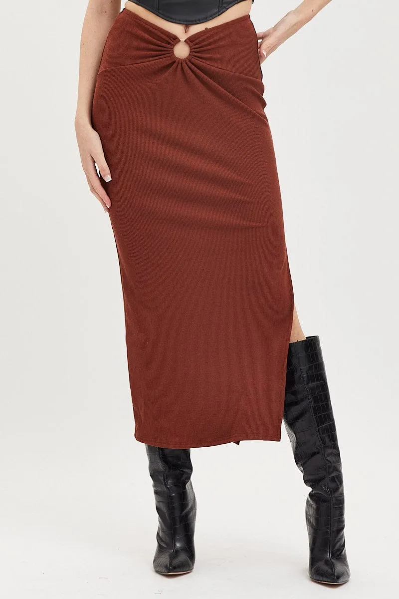 Comfy Fit Brown Maxi Skirt High Rise Ring Detial Rib Jersey