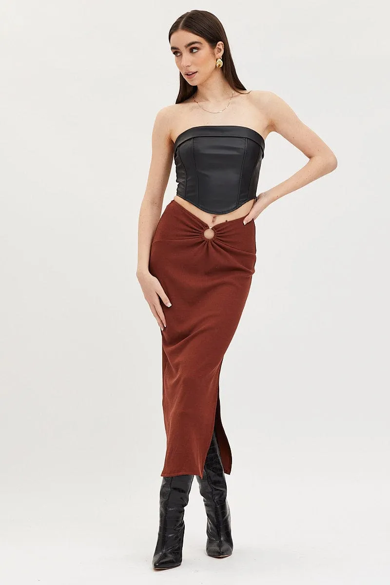 Brown Maxi Skirt High Rise Ring Detial Rib Jersey gentle style