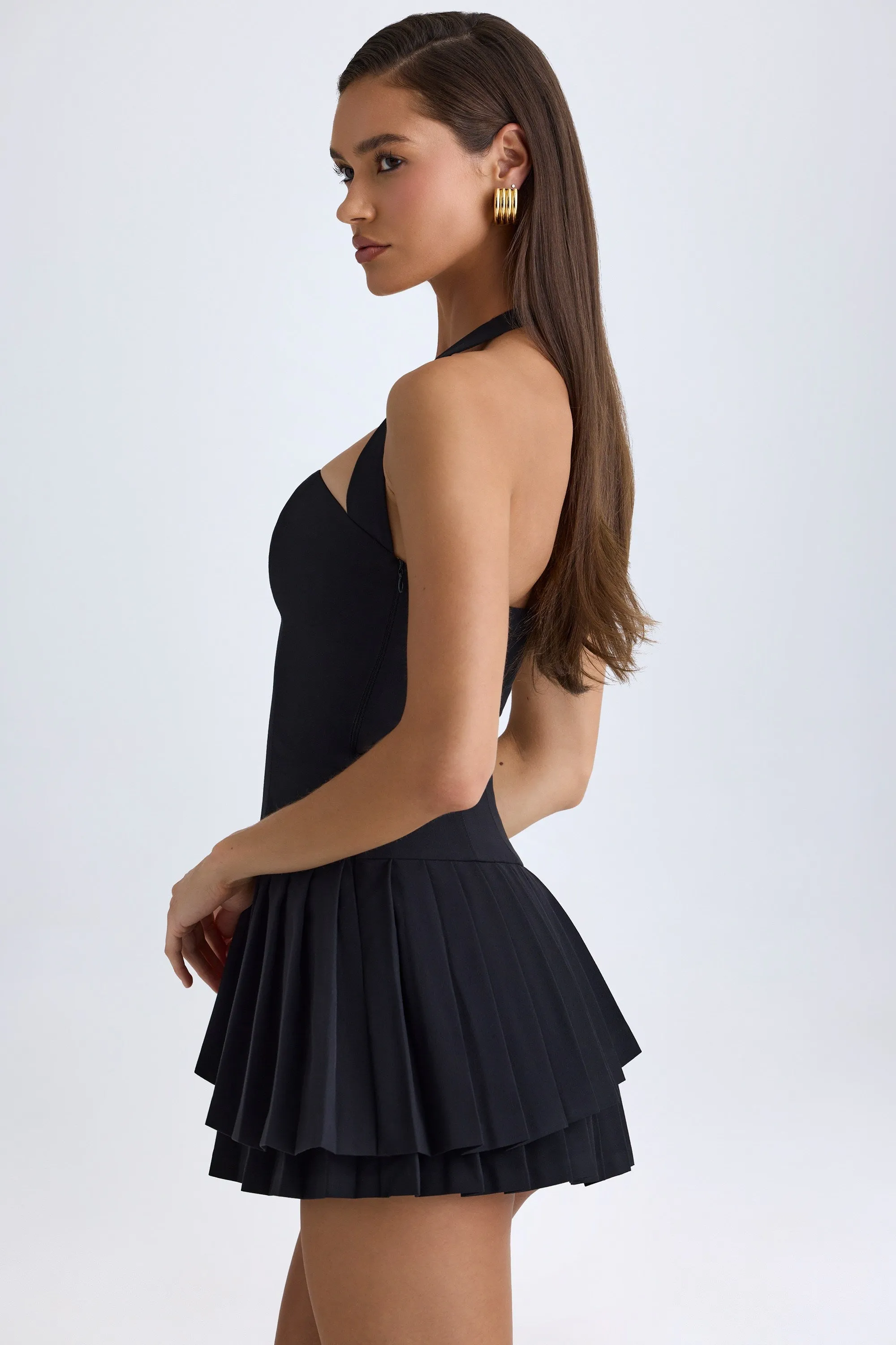 Close Wrap Cozy Fit Style Asymmetric Layered Halterneck Mini Dress in Black