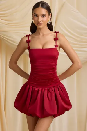 Bow-Detail Ruched Bubble Hem Mini Dress in True Red Structured Collar Simple Style
