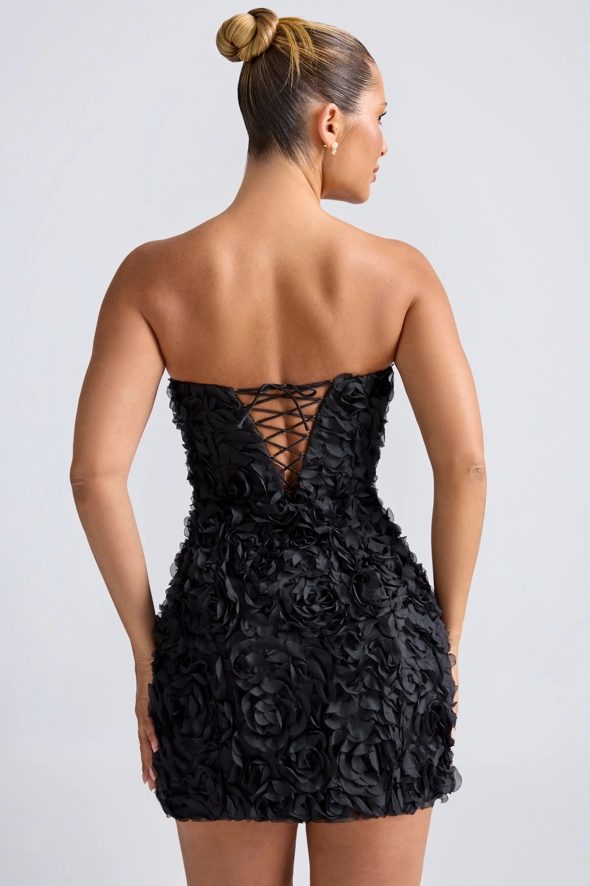 Beat Mode Floral-Appliqu?? Bandeau A-Line Mini Dress in Black
