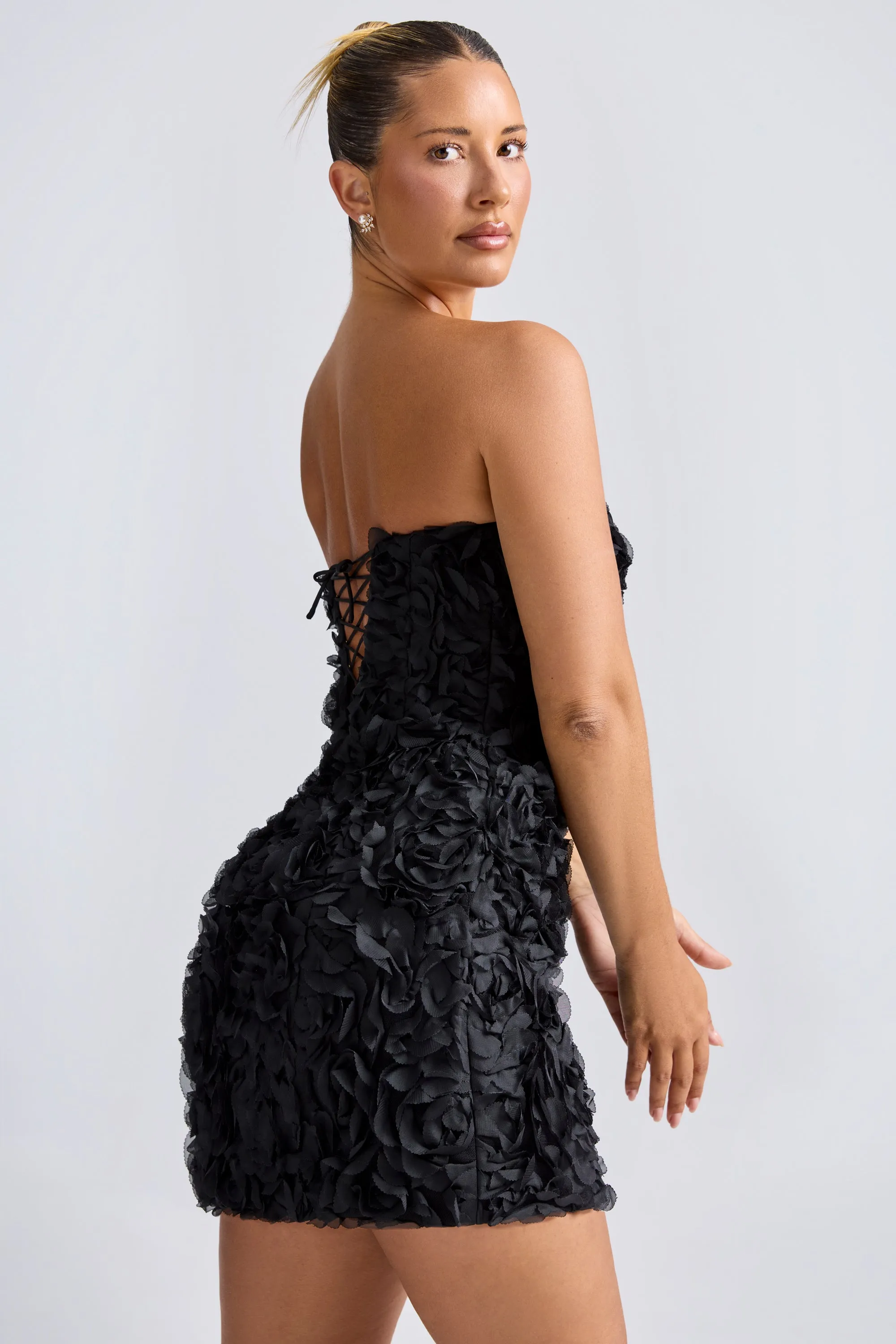 Floral-Appliqu?? Bandeau A-Line Mini Dress in Black Easy Fashion