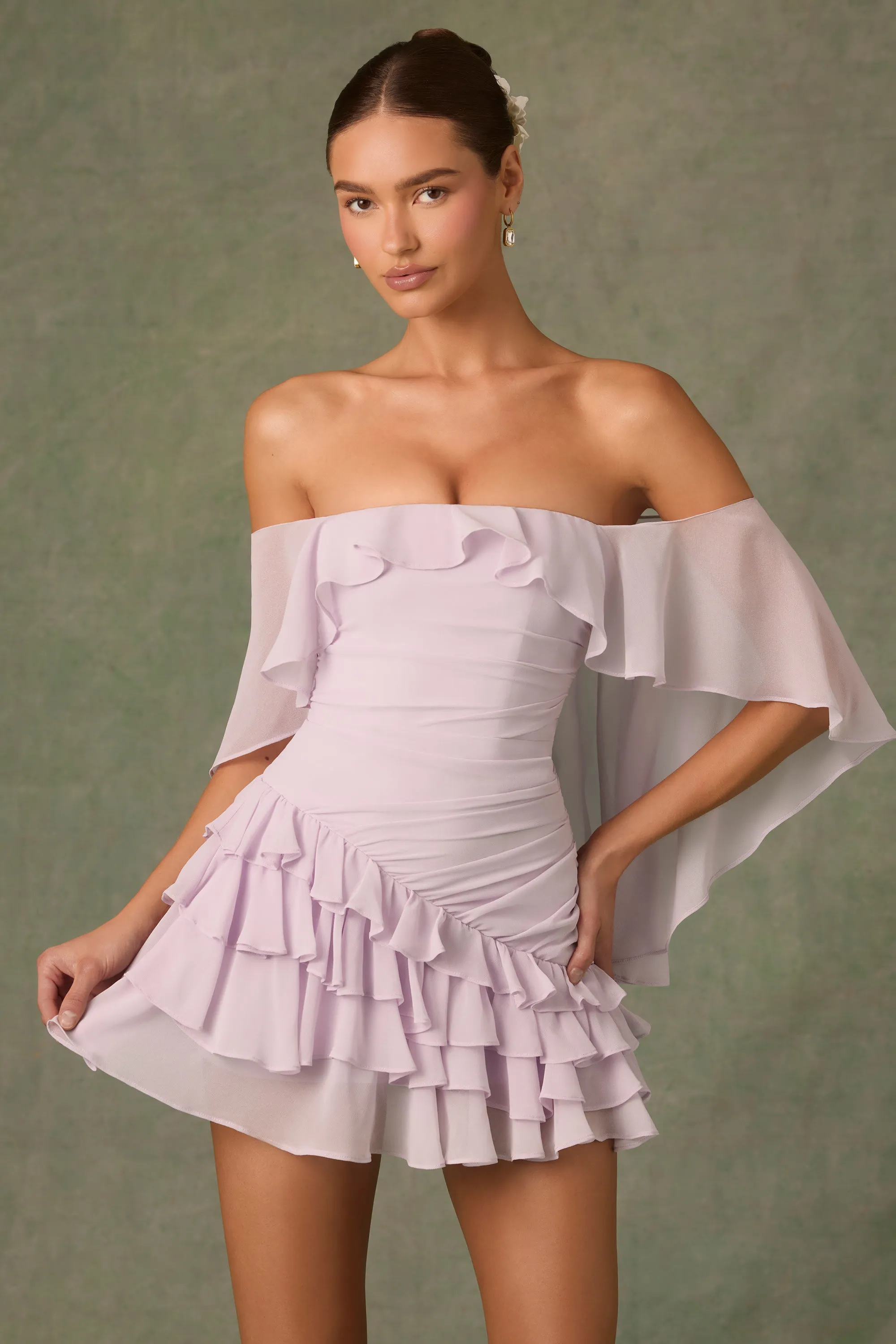 Off-Shoulder Ruffled Mini Dress in Lilac Smart Look Fresh Look