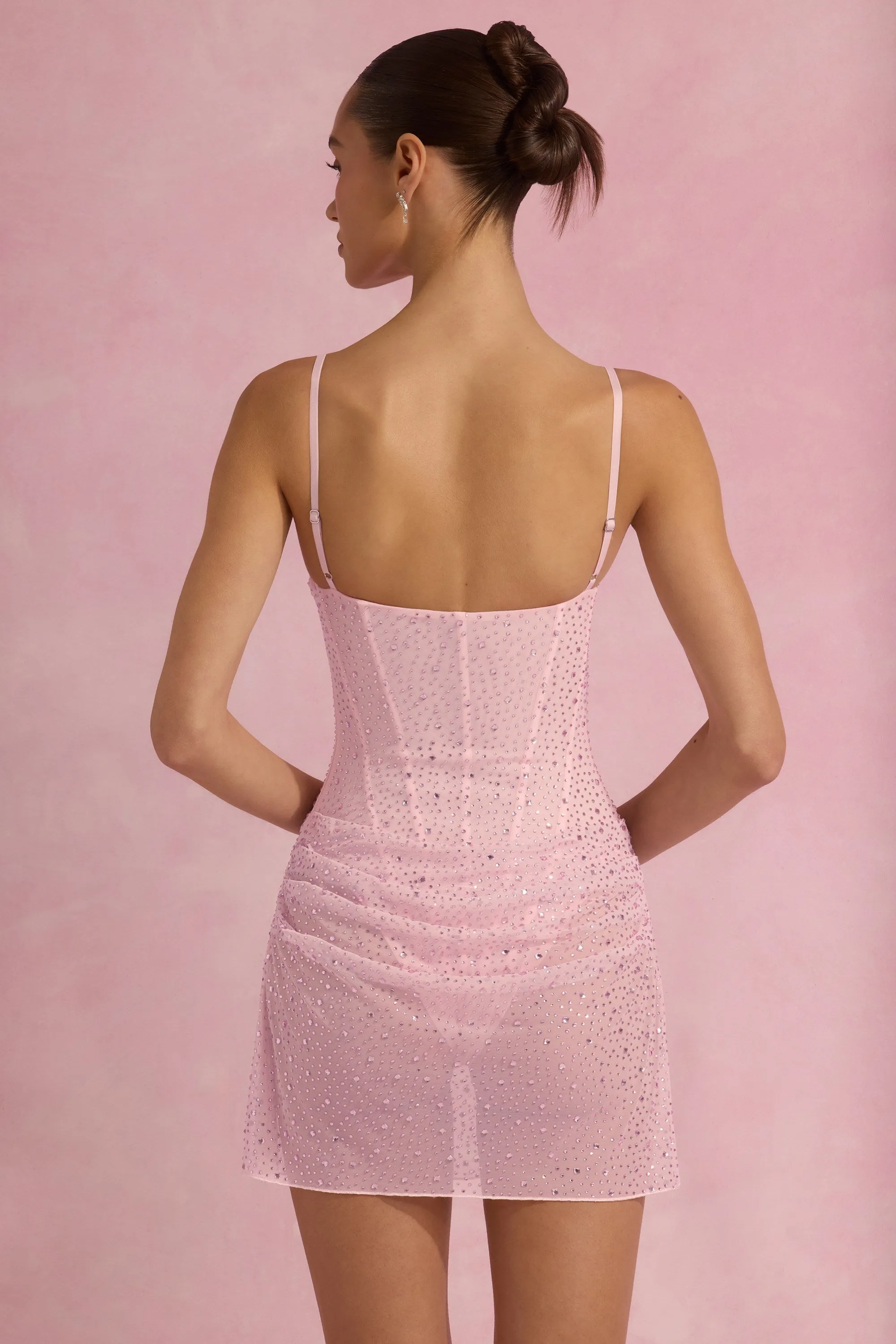 Semi-Sheer Embellished Draped Corset Mini Dress in Pink Soft-touch summer dress
