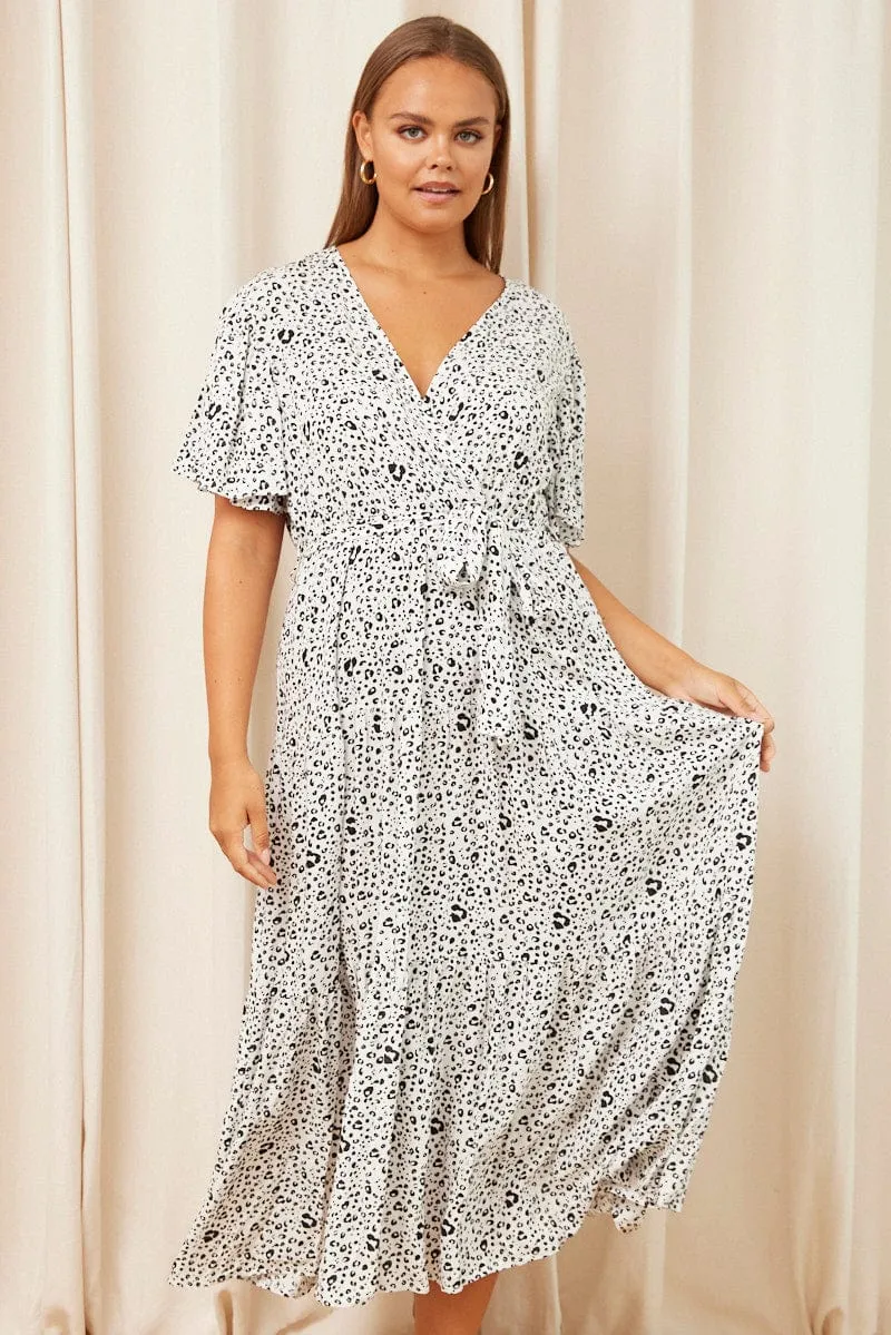 Garnet Shine Breeze Path White Animal Print Maxi Dress Short Sleeve Wrap Front Tiered