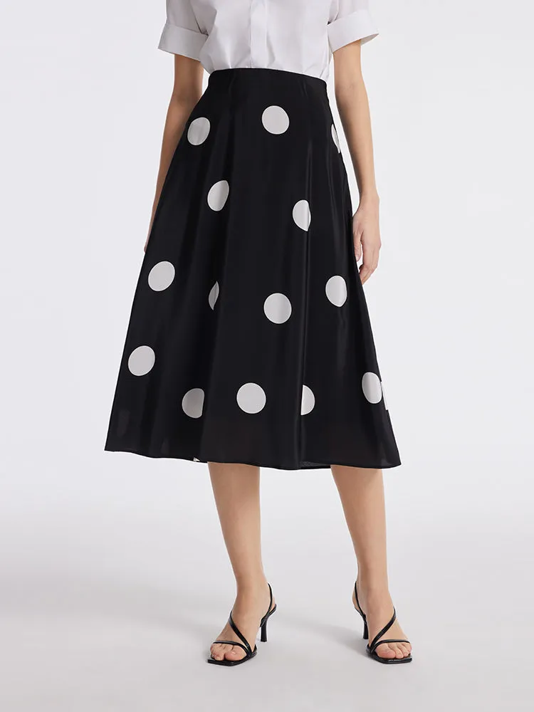 16 Momme Mulberry Silk Polka Dots Print A-Line Women Half Skirt Breezy Edge Performance Outfit