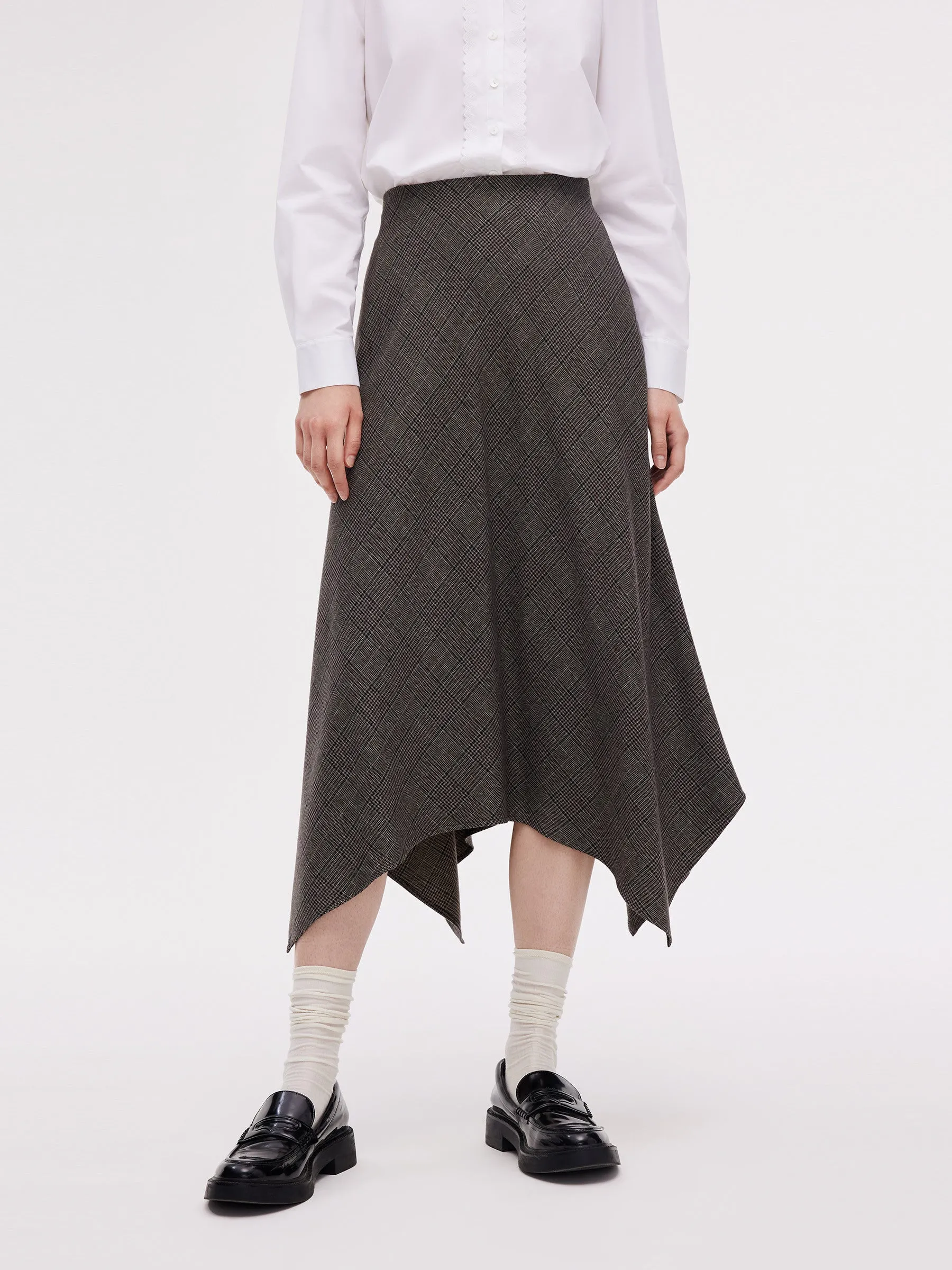 Asymmetric Hem Plaid Women Skirt With Triangle Scarf Smooth Motion Clean Outfit