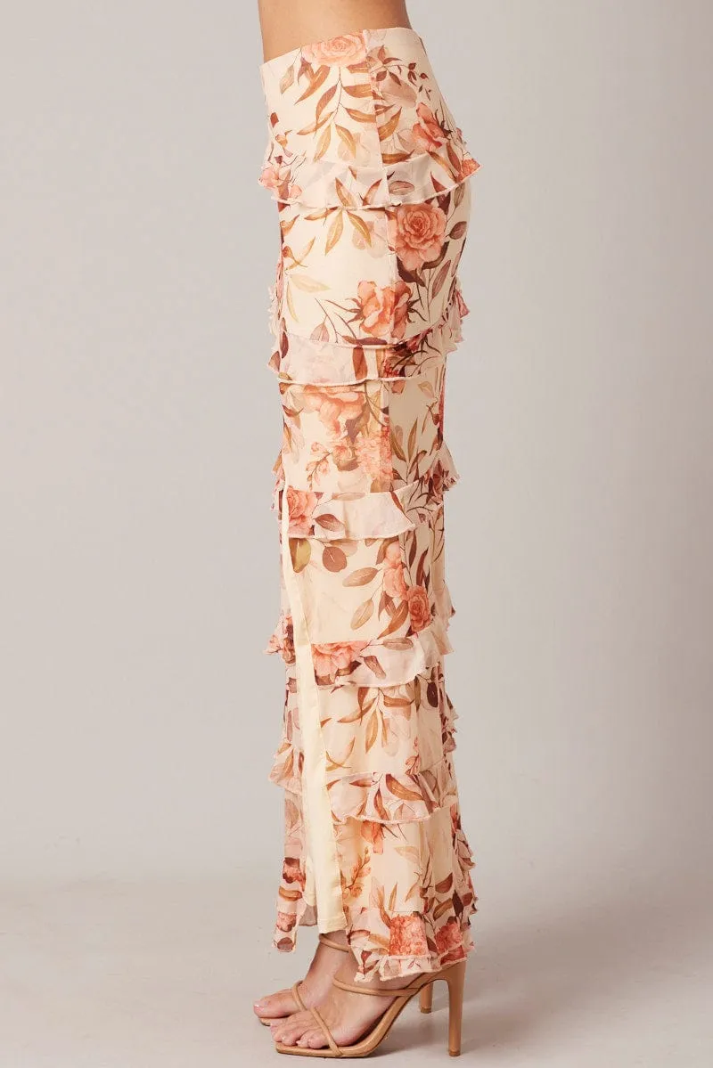 Bamboo Fiber Aesthetic Fit Beige Floral Ruffle Tiered Side Split Maxi Skirt