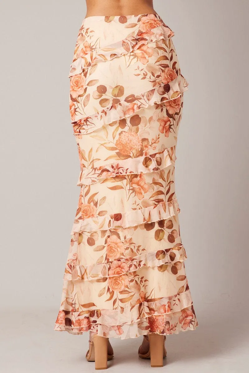 Beige Floral Ruffle Tiered Side Split Maxi Skirt Classic Touch