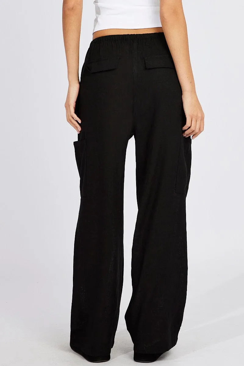 Black Wide Leg Pants Mid Rise Linen Blend Perfect Comfort Seasonless wear