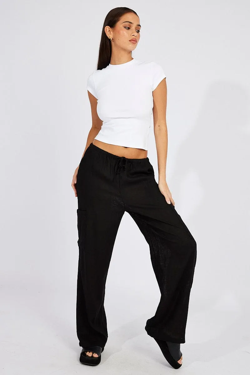 Black Wide Leg Pants Mid Rise Linen Blend Casual Layering Relaxed fit wear
