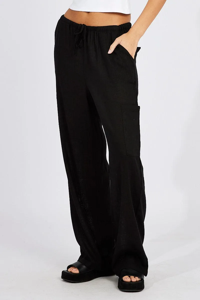 Layered Comfort Mid-rise fit Black Wide Leg Pants Mid Rise Linen Blend